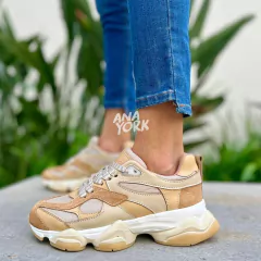 Zapatilla de cuero base media combinada - ANA YORK