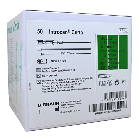 INTROCAN CERTO 18Gx 57 CATETER POLIURETANO PTA RED ALETA Y TRABA Caja x 50unidades