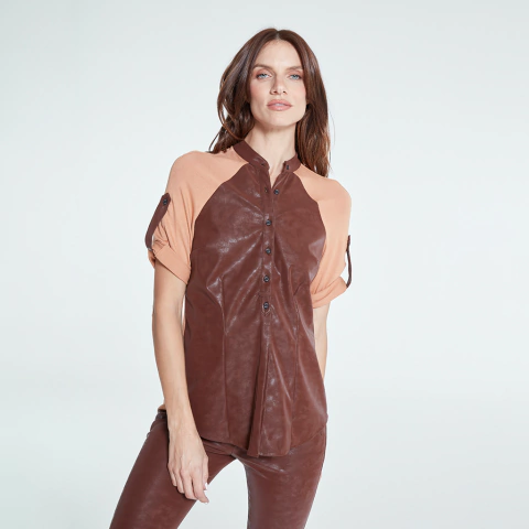 CAMISA CATANIA RANGLAN CUERO MARRON Y JERSEY CAMEL