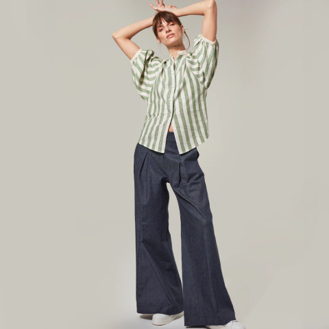 BLUSA PAMPLONA LINO RAYADO VERDE Y NATURAL