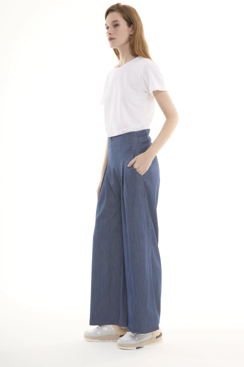 PANTALON VALENCIANO CON BOLSILLO REDONDO SIMIL JEAN AZUL - comprar online