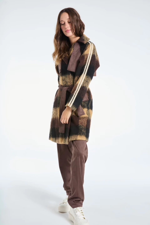 TRENCH YOKO PAÑO DE CUADROS CHOCO Y GAMUZA