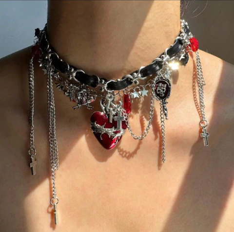 Collar Choker Estilo Goth Vintage Encaje Eco Cuero Negro/rojo