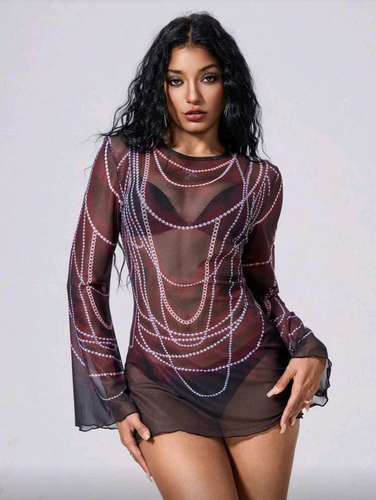 Vestido Cover Up Mini Estampado Importado Shein Playa Verano - Negro - L