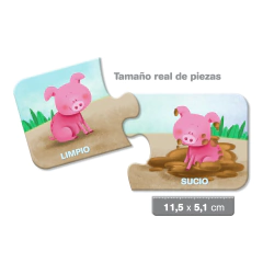 Rompecabezas ilustrativo que muestra un cerdito limpio y uno sucio, con texto que indica las palabras "Limpio" y "Sucio". Tamaño de las piezas: 11,5 x 5,1 cm.