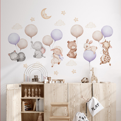 Vinilo decorativo infantil de animales volando con globos Lila, violeta, lavanda - Purple Balloons Flying Animals Kids Wall Decal- Modelo ACU06 - comprar online