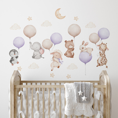 Vinilo decorativo infantil de animales volando con globos Lila, violeta, lavanda - Purple Balloons Flying Animals Kids Wall Decal- Modelo ACU06 - comprar online