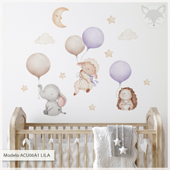 Vinilo decorativo infantil de animales volando con globos Lila, violeta, lavanda - Purple Balloons Flying Animals Kids Wall Decal- Modelo ACU06 en internet