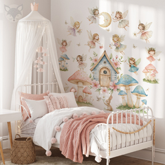 Vinilo Decorativo Infantil Hadas, Flores y Casitas en el Bosque. Modelo ACU20 - Little Dreamer Deco - vinilos decorativos infantiles