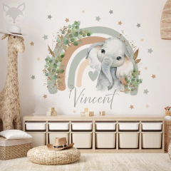 Vinilo Personalizado Infantil con Elefante y Arcoíris en Tonos Neutros - Modelo ACU27 - comprar online