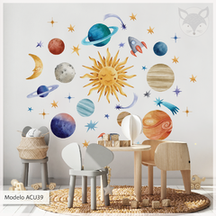 Modelo ACU39 Sistema solar planetas luna estrellas acuarela - comprar online