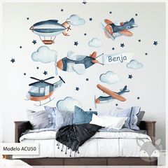 Modelo ACU50 Aviones acuarela nombre personalizado