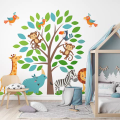Vinilo decorativo árbol con animales de la selva, adhesivo pared habitación infantil - Jungle Tree and Animals Wall Decal- Modelo AI34