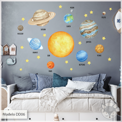 Vinilo Infantil del Sistema Solar en Acuarela con Nombres en Inglés - Modelo DD06 Sistema Solar Acuarela Espacio Planetas - comprar online
