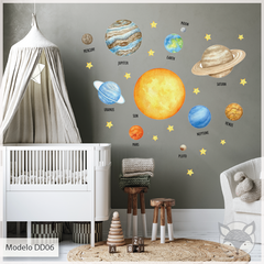 Vinilo Infantil del Sistema Solar en Acuarela con Nombres en Inglés - Modelo DD06 Sistema Solar Acuarela Espacio Planetas en internet