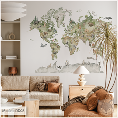 Vinilo Infantil de Mapa Mundial con Animales en Acuarela - Modelo DD08 - Mapa planisferio mundo acuarela con animales
