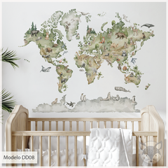 Vinilo Infantil de Mapa Mundial con Animales en Acuarela - Modelo DD08 - Mapa planisferio mundo acuarela con animales - comprar online