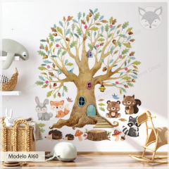 Vinilo decorativo árbol mágico con animales del bosque, adhesivo infantil - Enchanted Forest Tree Wall Decal- Modelo AI60 Bosque acuarela con animales
