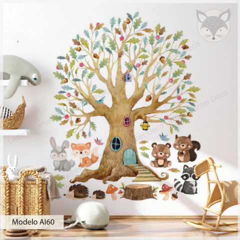 Vinilo decorativo árbol mágico con animales del bosque, adhesivo infantil - Enchanted Forest Tree Wall Decal- Modelo AI60 Bosque acuarela con animales