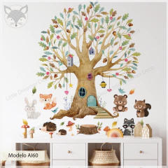 Vinilo decorativo árbol mágico con animales del bosque, adhesivo infantil - Enchanted Forest Tree Wall Decal- Modelo AI60 Bosque acuarela con animales - comprar online