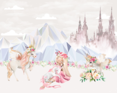 Mural infantil de vinilo unicornios mágicos y paisajes de cuento, modelo MUI68 - comprar online