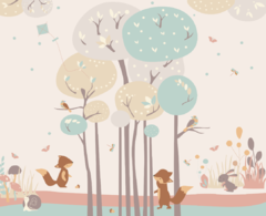 Kids vinyl mural with enchanted forest and animals, model MUI70 - buy online