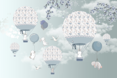 Kids vinyl mural with floating balloons in blue skies, model MUI62 - Little Dreamer Deco - vinilos decorativos infantiles