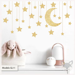 Gold Glitter Moon and Stars Kids Wall Decal, Model GL11