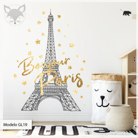 "Bonjour Paris" Eiffel Tower Gold Glitter Wall Decal, Model GL19