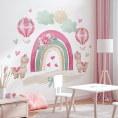 Vinilo arcoíris con llamas y globos para habitaciones infantiles | Rainbow with Llamas and Balloons Kids Wall Sticker- Modelo iris08