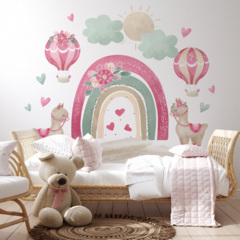 Vinilo arcoíris con llamas y globos para habitaciones infantiles | Rainbow with Llamas and Balloons Kids Wall Sticker- Modelo iris08 en internet