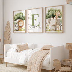 Lámina decorativa infantil con nombre y animales safari jungla acuarela - Leon elefanta jirafa cebra - Modelo L40 en internet