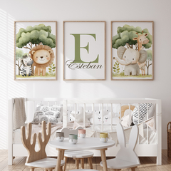 Lámina decorativa infantil con nombre y animales safari jungla acuarela - Leon elefanta jirafa cebra - Modelo L40 - comprar online