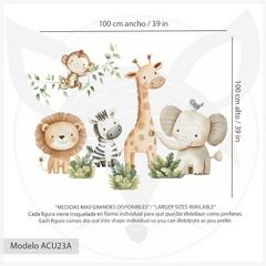 Vinilo decorativo infantil de animales de la selva acuarela mono, leon, jirafa, elefante, cebra | Jungle Animals Kids Wall Decal - Modelo ACU23 - Little Dreamer Deco - vinilos decorativos infantiles