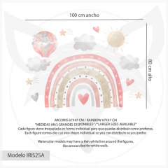 Vinilo decorativo arcoíris rosa con corazones y globos aerostáticos | Pink rainbow wall decal with hearts and hot air balloons- Modelo IRIS25 en internet