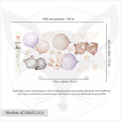 Vinilo decorativo infantil de animales volando con globos Lila, violeta, lavanda - Purple Balloons Flying Animals Kids Wall Decal- Modelo ACU06 - Little Dreamer Deco - vinilos decorativos infantiles