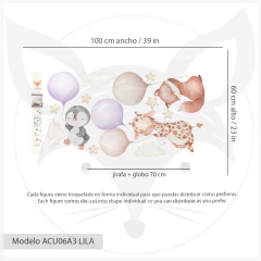 Vinilo decorativo infantil de animales volando con globos Lila, violeta, lavanda - Purple Balloons Flying Animals Kids Wall Decal- Modelo ACU06 - tienda online