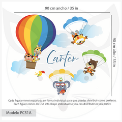 Personalized Kids Wall Decal with Hot Air Balloon and Parachuting Animals - Modelo Pc51 - online store