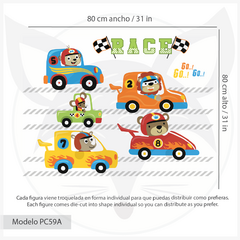 Vinilo Infantil de Autos de Carreras con Animales para Decoración de Pared - Modelo Pc59 - Little Dreamer Deco - vinilos decorativos infantiles