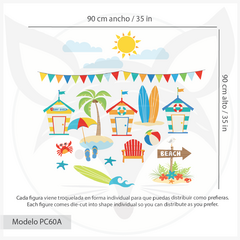 Kids Wall Decal with Beach Huts, Palm Trees, and Summer Accessories - Modelo Pc60 - Little Dreamer Deco - vinilos decorativos infantiles