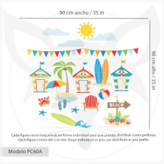 Kids Wall Decal with Beach Huts, Palm Trees, and Summer Accessories - Modelo Pc60 - Little Dreamer Deco - vinilos decorativos infantiles