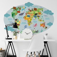 Mapa infantil de vinilo decorativo de animales y continentes, modelo MP01. - comprar online