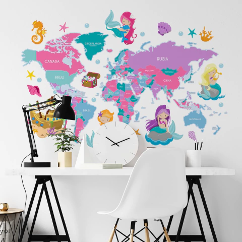 World map decorative vinyl mural for kids with mermaids, model MP03. - buy online