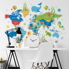 Mapa infantil de vinilo decorativo de animales marinos y continentes, modelo MP05. - comprar online