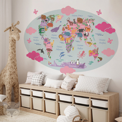 Mapa infantil de vinilo decorativo, animales del mundo, modelo MP08. - comprar online