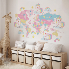 Decorative vinyl world map for kids with unicorns, model MP11 - buy online