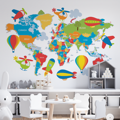 Mapa infantil de vinilo decorativo con globos aerostáticos en colores pastel, modelo MP15 - comprar online