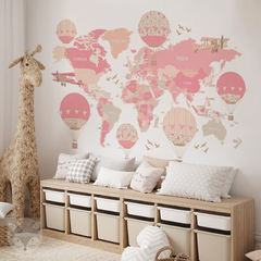 Decorative vinyl world map for kids with pink hot air balloons, model MP16 - buy online