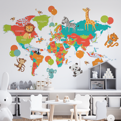 Mapa infantil de vinilo decorativo, animales y globos, Modelo MP22 - comprar online