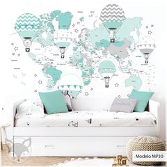 Mapa infantil de vinilo decorativo, globos aerostáticos rosa, Modelo MP30